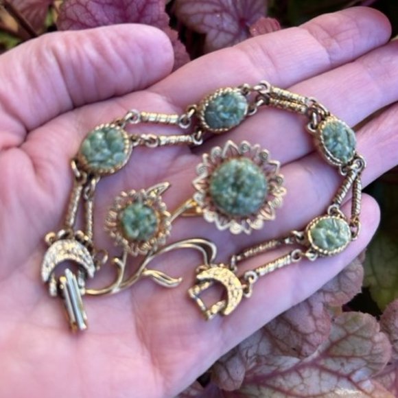 Solid Copper Crushed Green Glass Chip Round and Bar Link BRACELET - Picture 1 of 8
